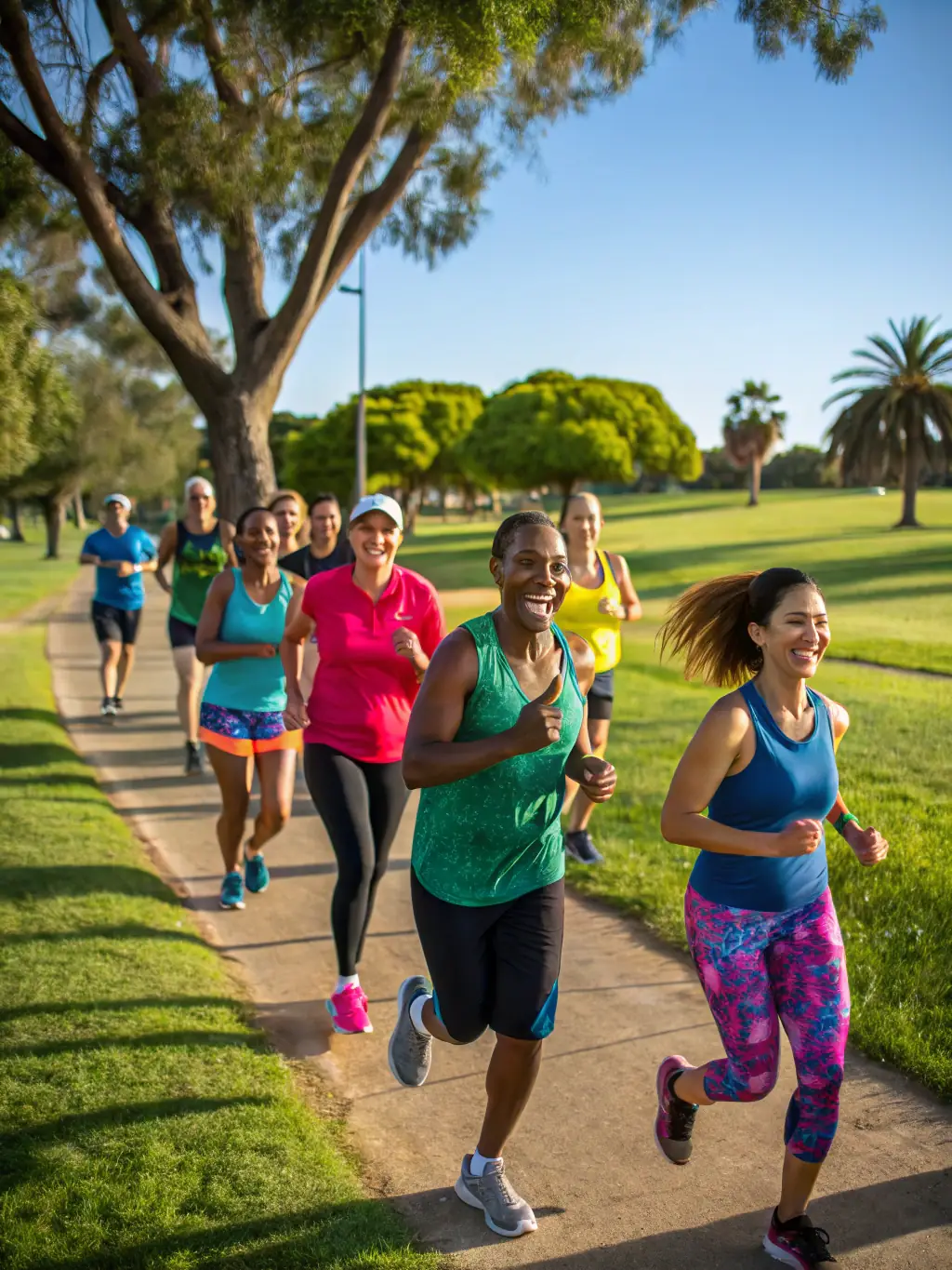 A diverse group of people exercising together in a supportive and encouraging environment, led by a fitness instructor, representing the community aspect of OptiHealthClinic's weight loss programs.