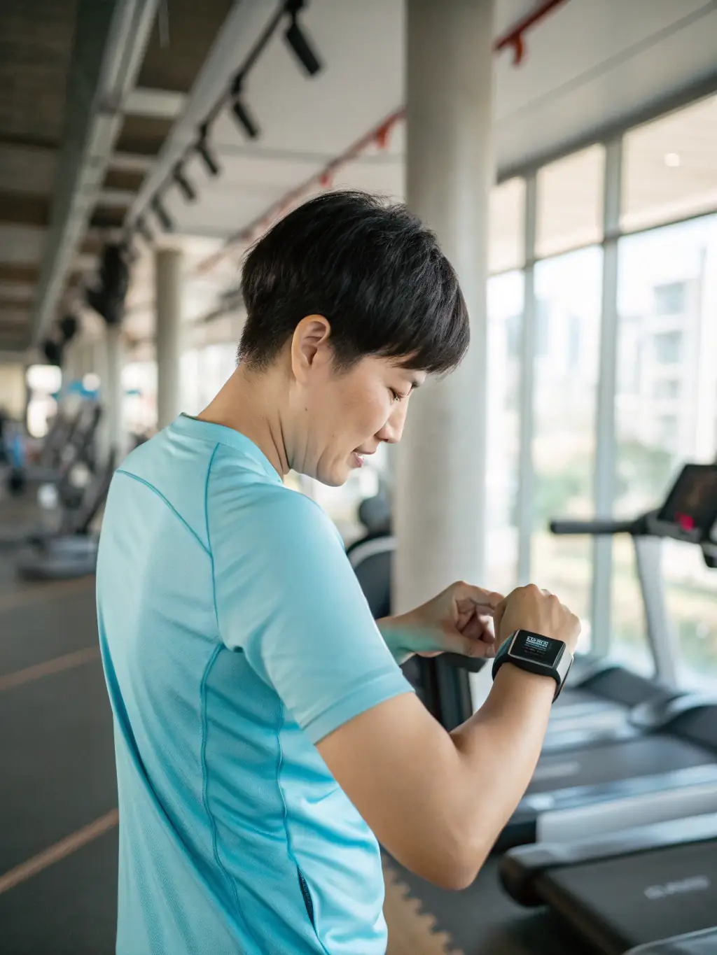 A person using a fitness tracker during a workout, monitoring their progress and staying motivated, representing the use of technology in OptiHealthClinic's weight loss programs.
