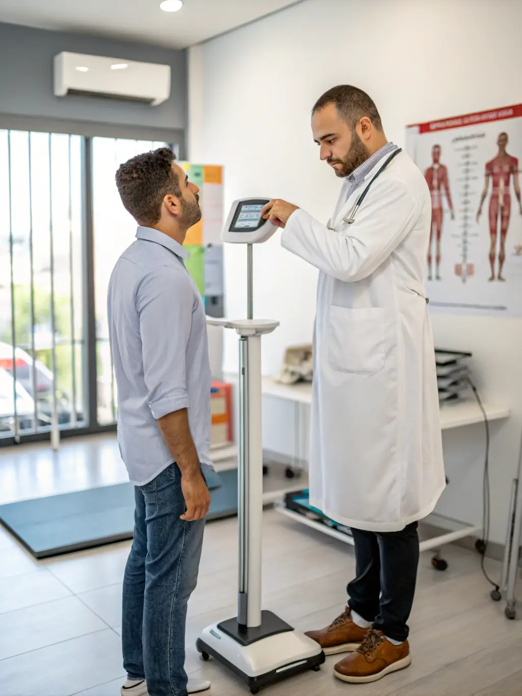 A healthcare professional measuring a patient's waist circumference during a weight loss consultation, highlighting the personalized approach of OptiHealthClinic.