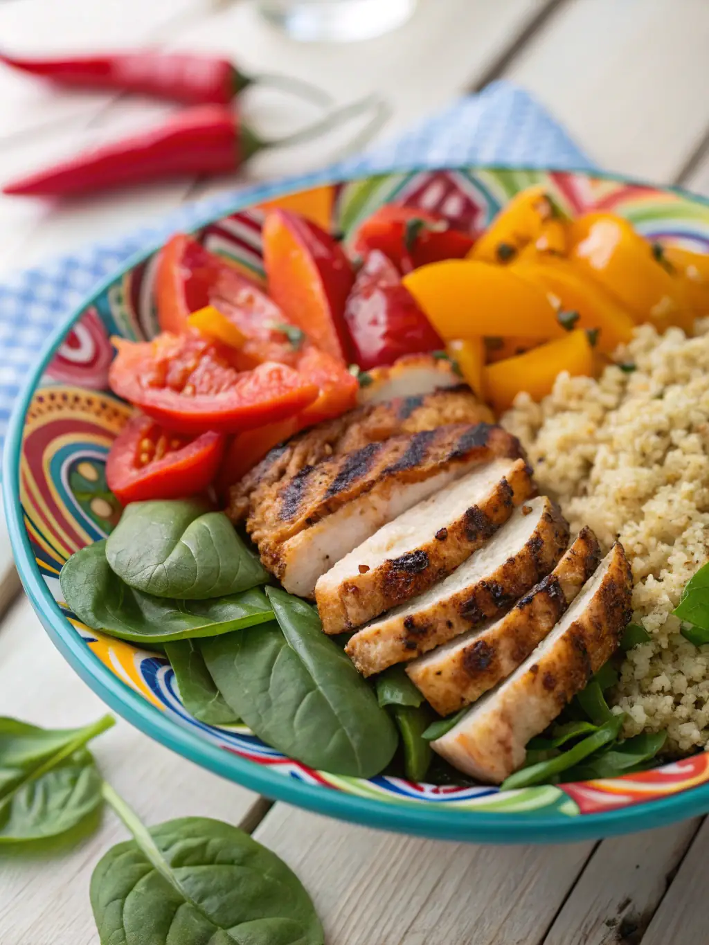 A close-up shot of a healthy and balanced meal, showcasing fresh fruits, vegetables, and lean protein, emphasizing the importance of nutrition in OptiHealthClinic's weight loss programs.