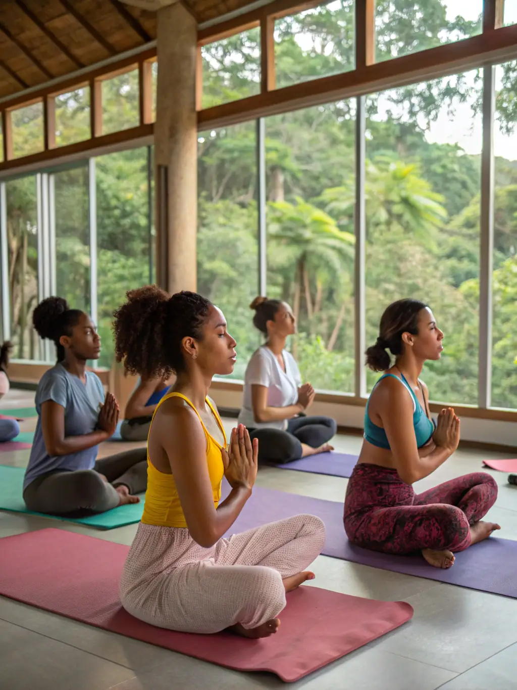 A group of people participating in a guided meditation session, representing the mental wellness aspect of OptiHealthClinic's 'Mindful Weight Loss' program.
