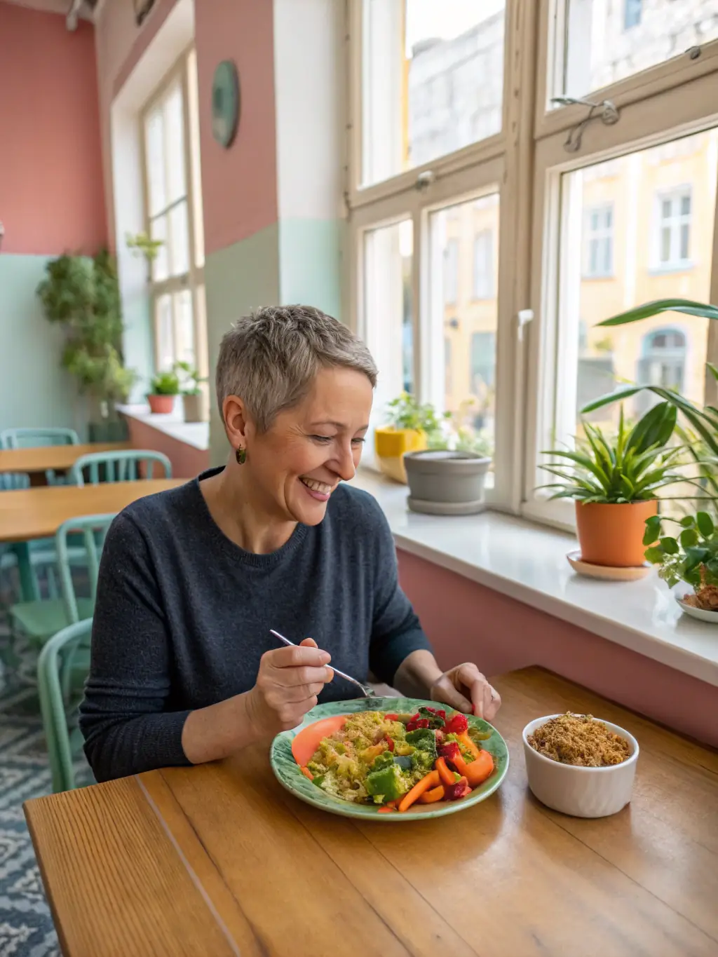 A person enjoying a healthy and delicious meal, showcasing the balanced nutrition emphasized in OptiHealthClinic's 'Nutritional Guidance' program.