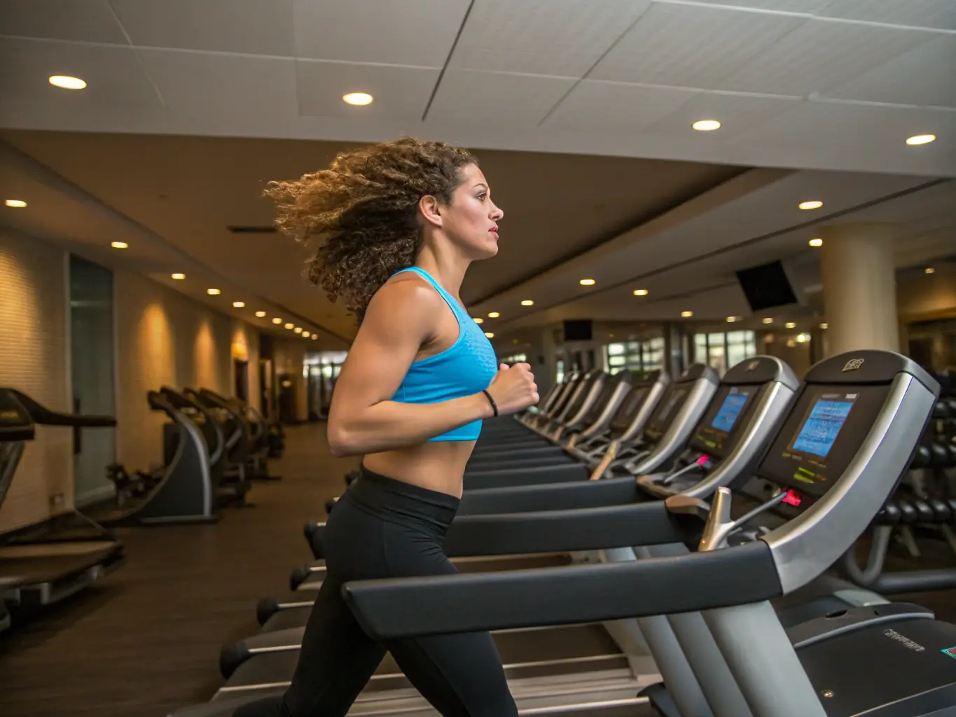 A person smiling while exercising on a treadmill, showcasing the weight loss program at OptiHealthClinic.