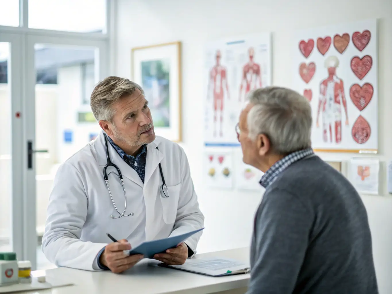 A doctor consulting with a patient about their heart health, emphasizing the clinic's focus on cardiovascular wellness.